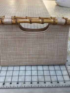 Beige Woven Bamboo-Handle Tote Bag